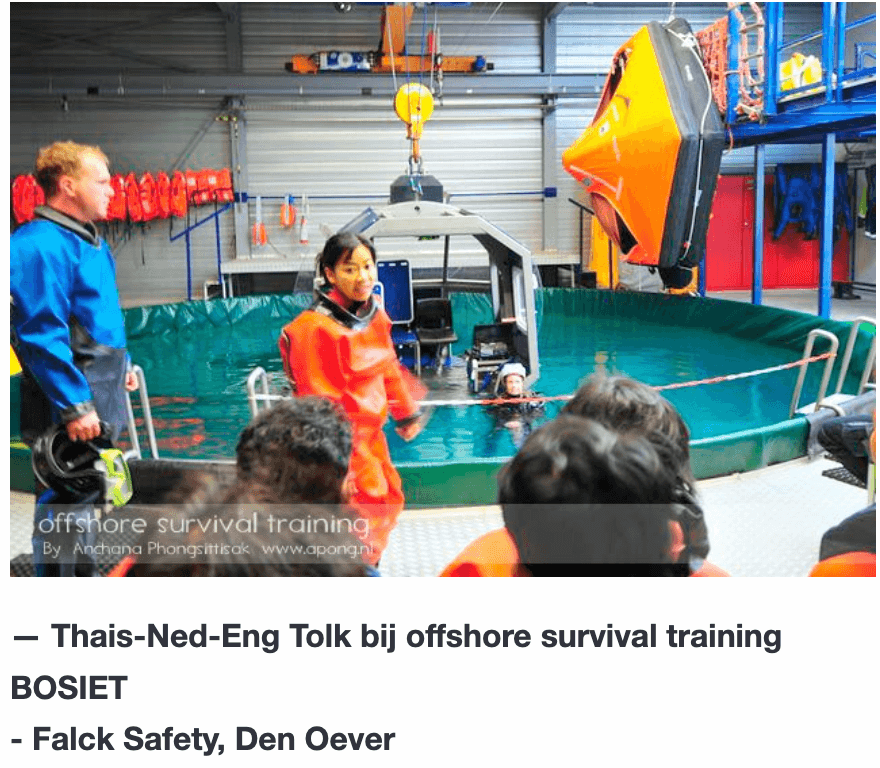 Thais-Ned-Eng Tolk bij offshore survival training BOSIET