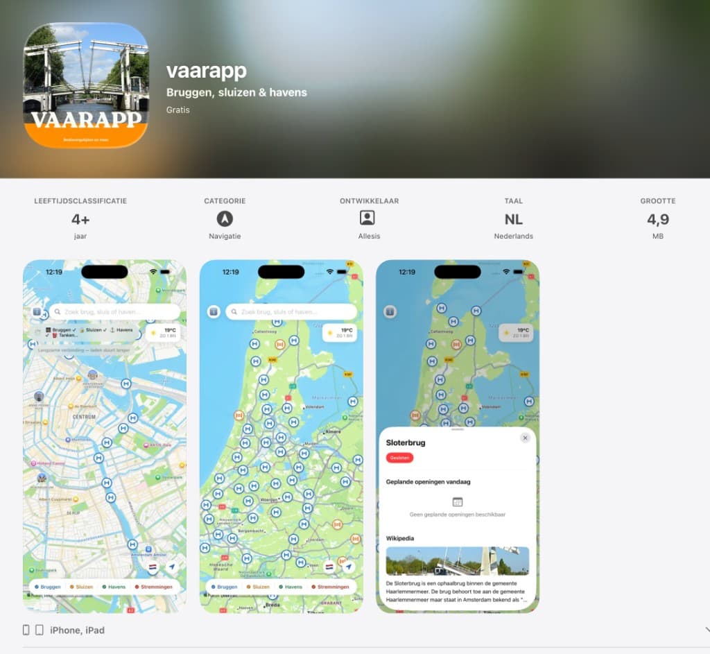 VaarApp in de App Store: schermafbeeldingen van de kaart met bruggen, sluizen en havens