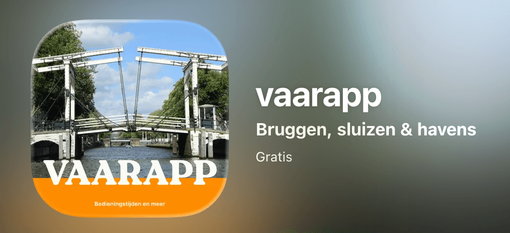 VaarApp banner: app-icoon met ophaalbrug en tekst Bruggen, sluizen & havens — Gratis