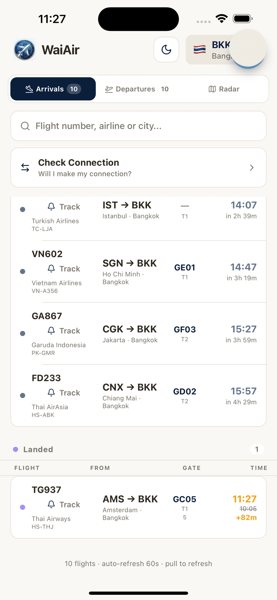 WaiAir: live aankomsten op Bangkok (BKK) met gates en status
