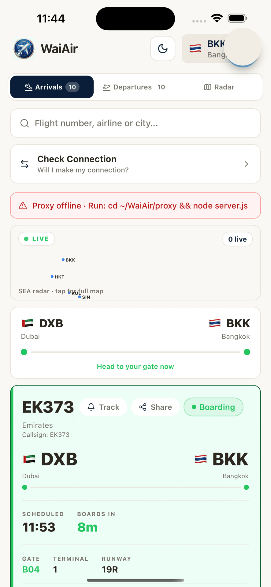 WaiAir: vluchtdetails met status, gate en tracking